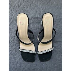 D❤️ Facing-S Black NBPU Faux Suede & Diamanté Strappy Sandal SZ 9M Bling Chic